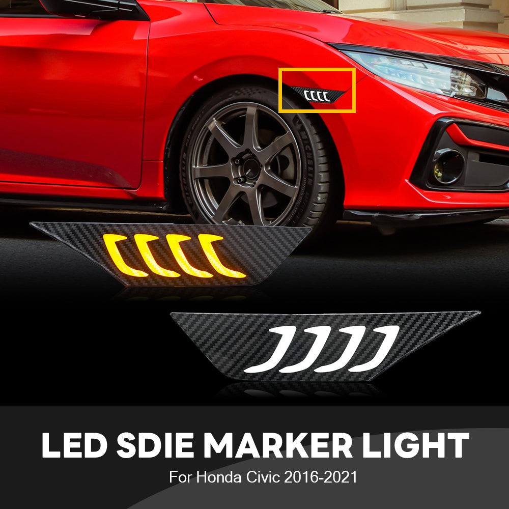 LED Side Marker Lights for 2016-2021 Honda Civic Sedan/Coupe/Hatchback, Smoked Lens & Yellow LED Turn Signal - Kuerled
