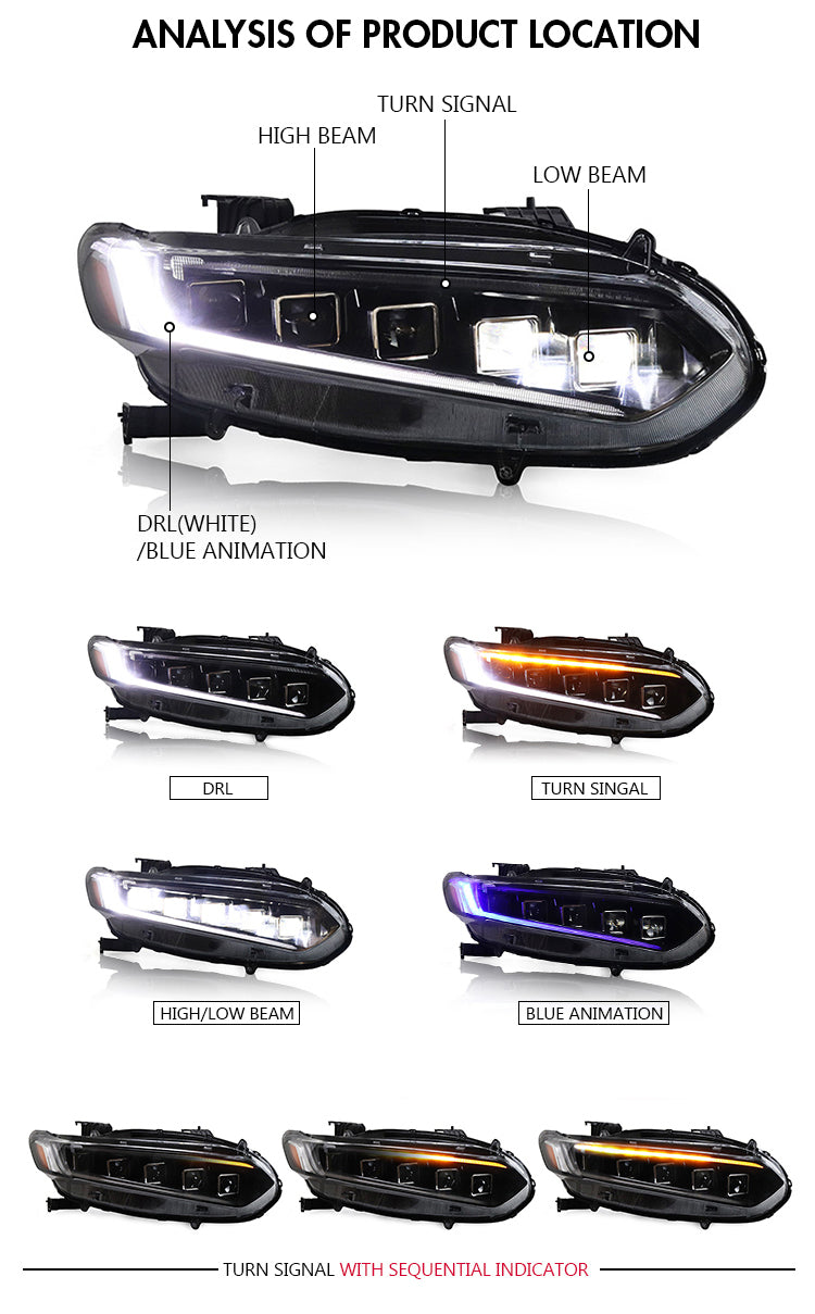 LED Headlights For 2018-2021 Honda Accord With DRL Sequential Turn Signal Front Lamp - KuerLED