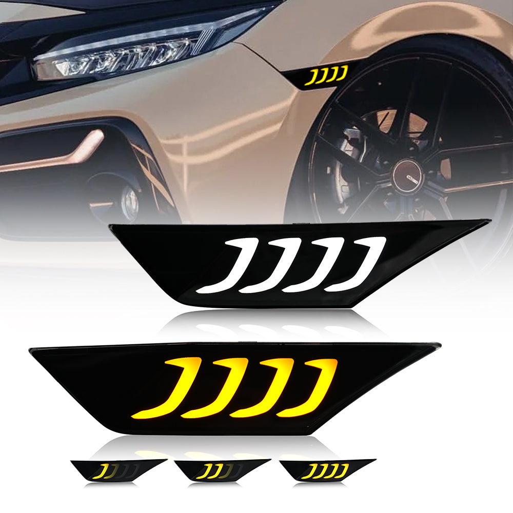 LED Side Marker Lights for 2016-2021 Honda Civic Sedan/Coupe/Hatchback, Smoked Lens & Yellow LED Turn Signal - Kuerled