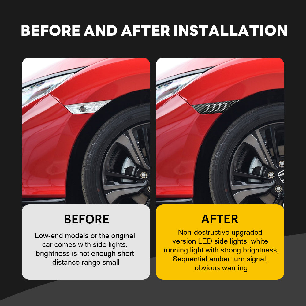 LED Side Marker Lights for 2016-2021 Honda Civic Sedan/Coupe/Hatchback, Smoked Lens & Yellow LED Turn Signal - Kuerled