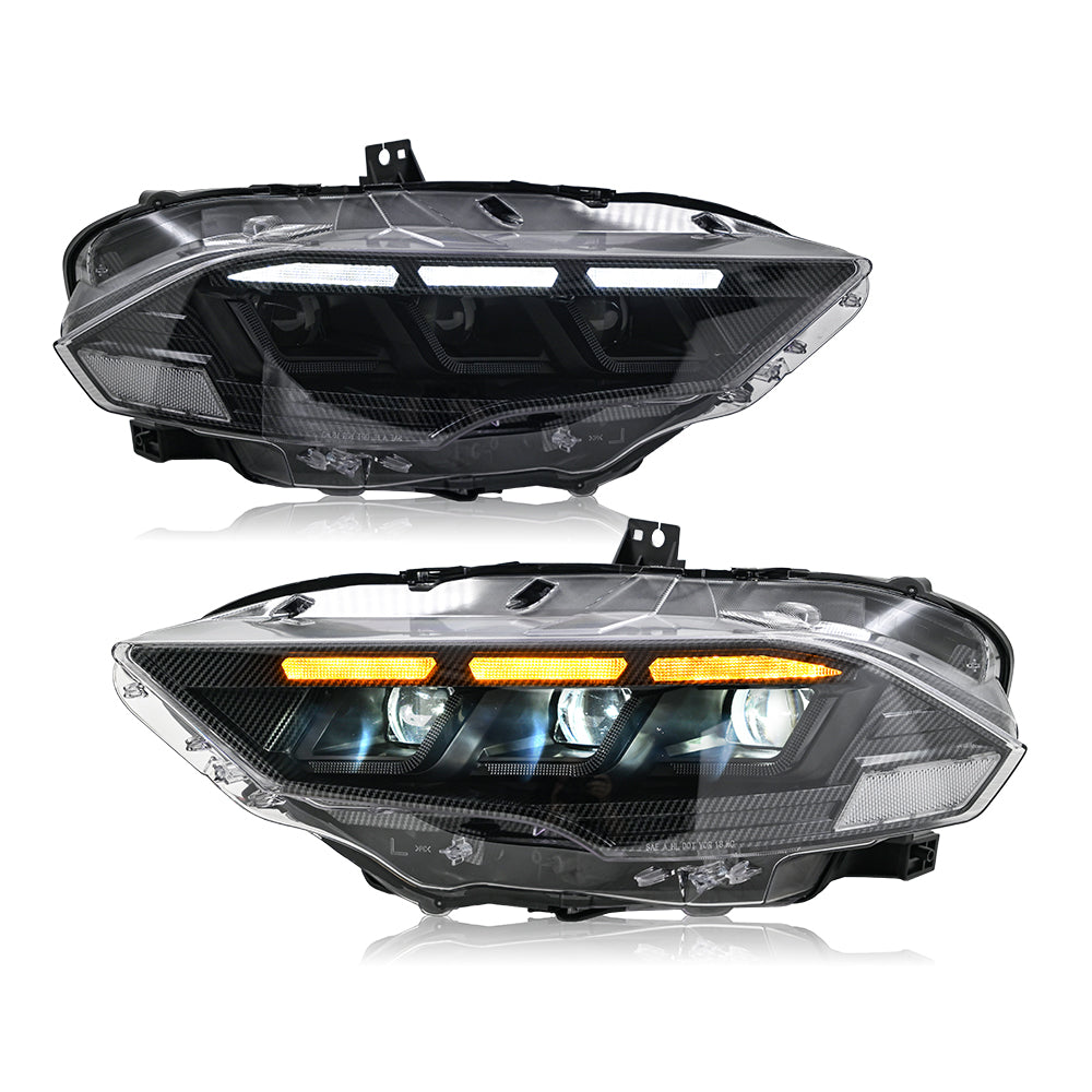 LED Headlight for 2018-2023 Ford Mustang S550, Carbon Fiber Style, Projector Front Lamp Assembly with Triple Beam Lens
