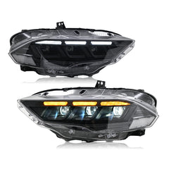 LED Headlight for 2018-2023 Ford Mustang S550, Carbon Fiber Style, Projector Front Lamp Assembly with Triple Beam Lens