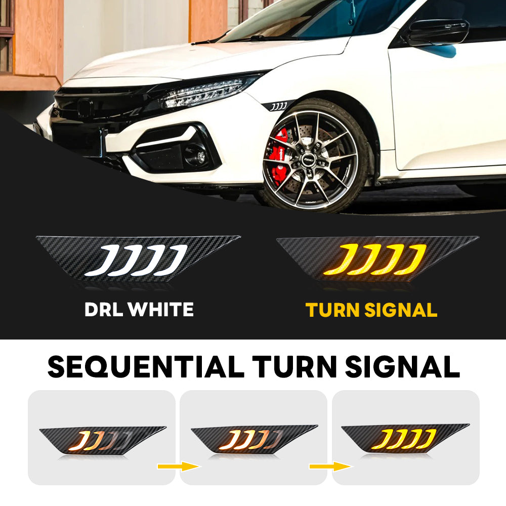 LED Side Marker Lights for 2016-2021 Honda Civic Sedan/Coupe/Hatchback, Smoked Lens & Yellow LED Turn Signal - Kuerled