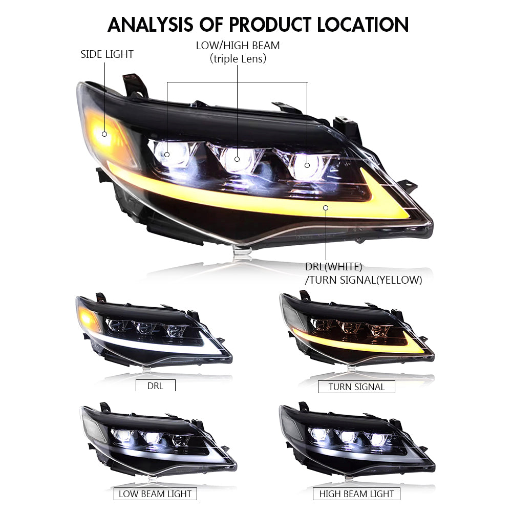 LED Headlight for 2012-2014 Toyota Camry, Animation Sequential Front Lamps - Kuerled