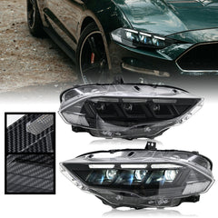 LED Headlight for 2018-2023 Ford Mustang S550, Carbon Fiber Style, Projector Front Lamp Assembly with Triple Beam Lens