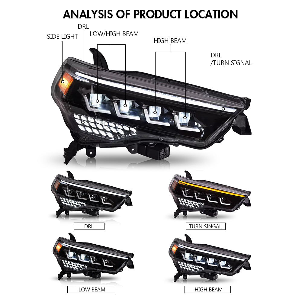 Quad Beam LED Headlights For 2014-2022 Toyota 4Runner Turn Front Lamp DRL Assembly - KuerLED