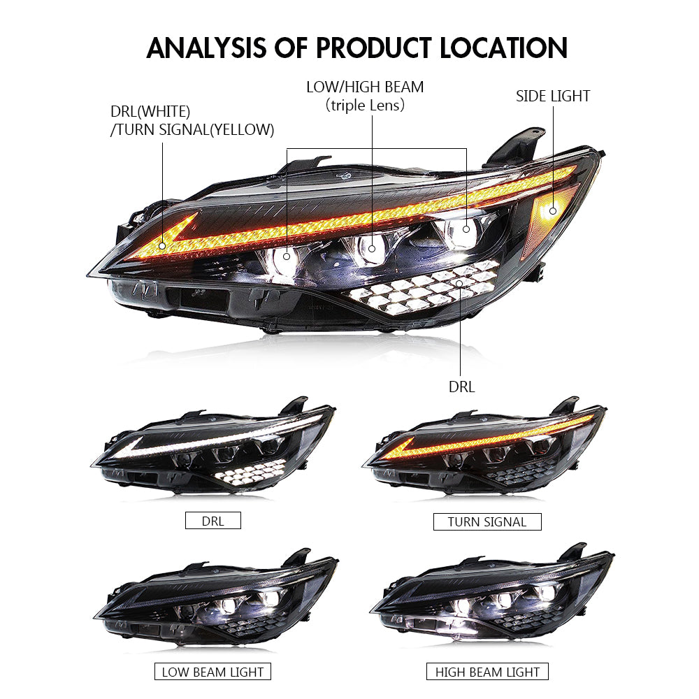 Triple Beam LED Headlamps for Toyota Camry 7th Gen 2015-2017 LE SE Projector Front Lamps Assembly - KuerLED