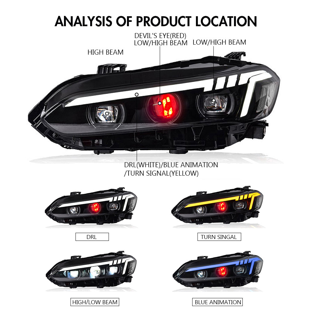 2022-2024 Honda Civic 11th Gen LED Headlights, Premium Upgrade with Evil Eye and Sequential Turn Signals