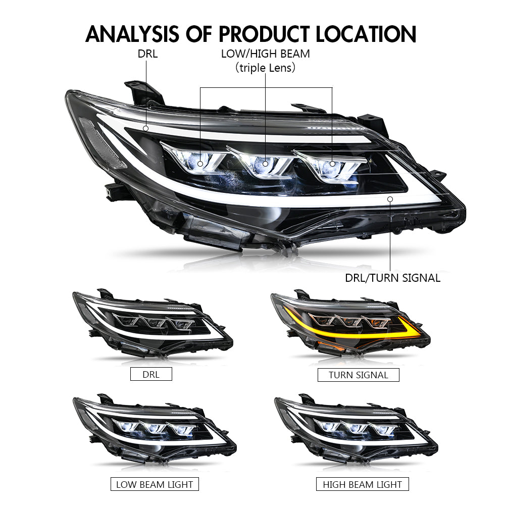 LED Headlight for 2012-2014 Toyota Camry, Animation Sequential, Headlight Assembly (Triple Beams) - Kuerled