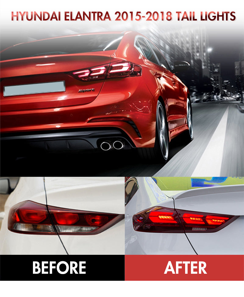 For 2015-2018 Hyundai Elantra Led Tail Lights With Start-up Animation Sequential Breathing Turn Signal Replace(Smoked/Red) - KuerLED