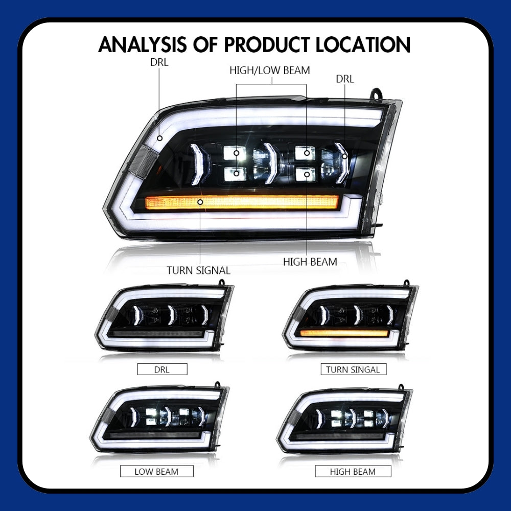 Dodge RAM 1500 (2009-2018) RAM 1500 2500 (2013-2018) LED Headlights, Sequential Turn Signal, Plug & Play Upgrade - Kuerled