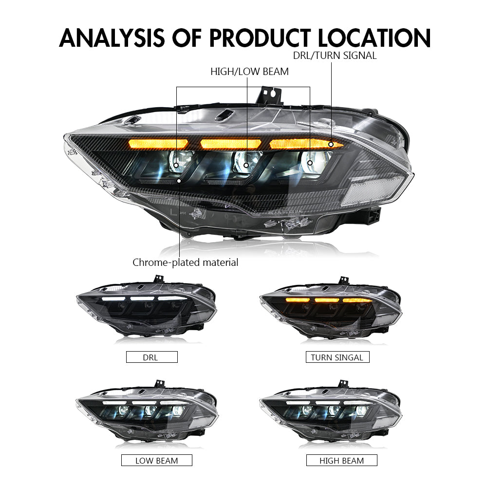LED Headlight for 2018-2023 Ford Mustang S550, Carbon Fiber Style, Projector Front Lamp Assembly with Triple Beam Lens