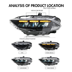LED Headlight for 2018-2023 Ford Mustang S550, Carbon Fiber Style, Projector Front Lamp Assembly with Triple Beam Lens