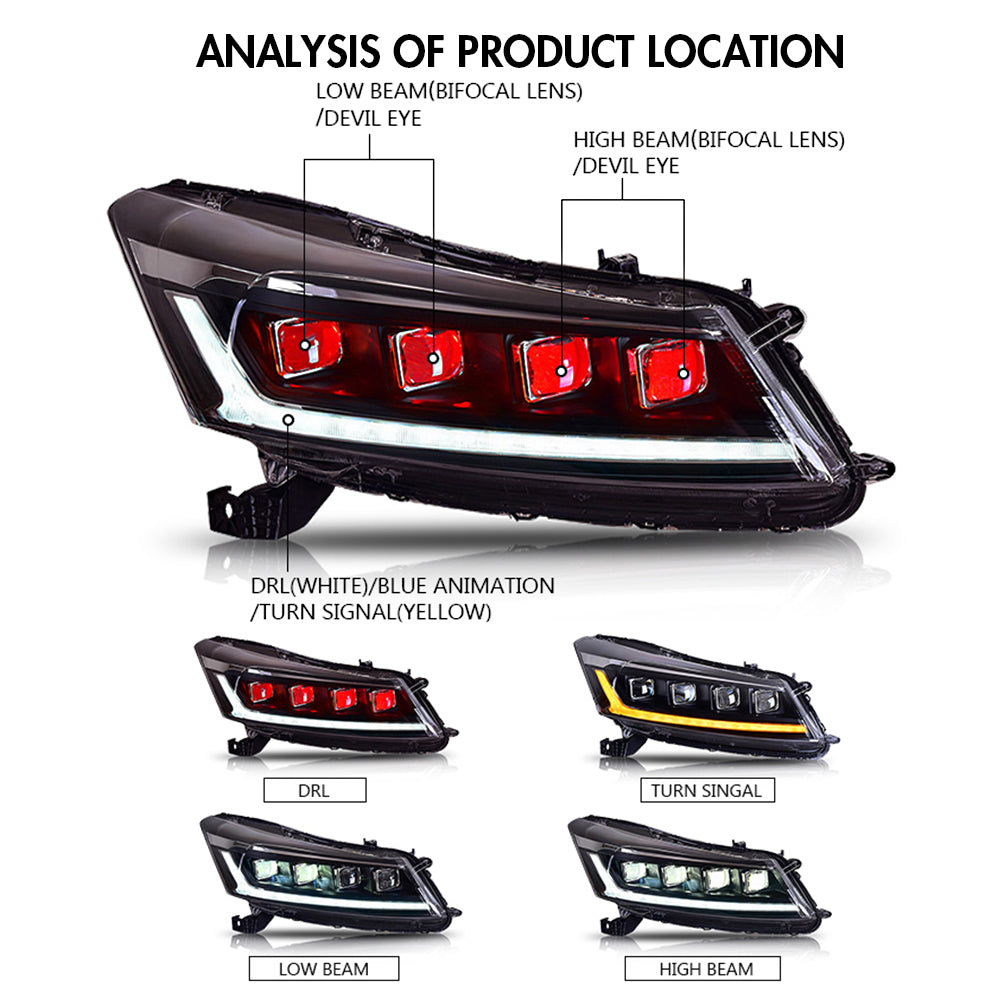 LED Headlights For 2008-2012 Honda Accord MK8 DRL Sequential Turn Signal - KuerLED