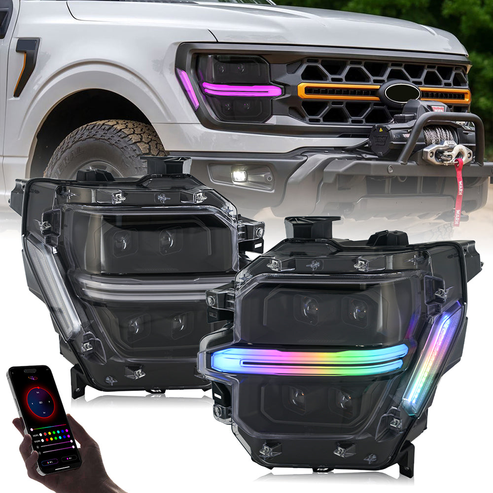 Full LED Headlights for 2024-2025 Ford F-150 XL / STX / XLT / Tremor | Quad Projector, RGB DRL, Startup Animation, Sequential Turn Signals, Plug & Play - Kuerled