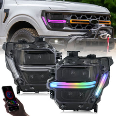 Full LED Headlights for 2024-2025 Ford F-150 XL / STX / XLT / Tremor | Quad Projector, RGB DRL, Startup Animation, Sequential Turn Signals, Plug & Play - Kuerled