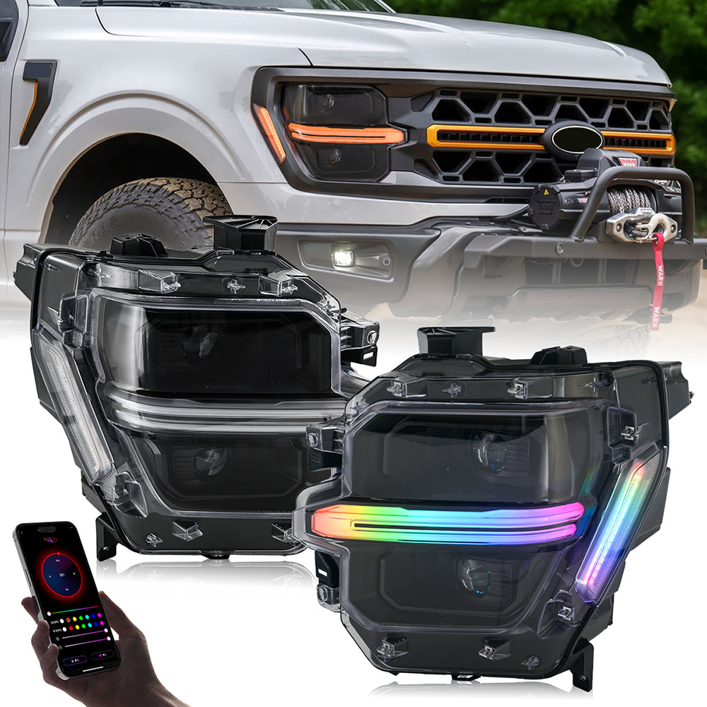 Full LED Headlights for 2024-2025 Ford F-150 XL / STX / XLT | Dual Projector, RGB DRL, Startup Animation, Sequential Turn Signals, Plug & Play - Kuerled