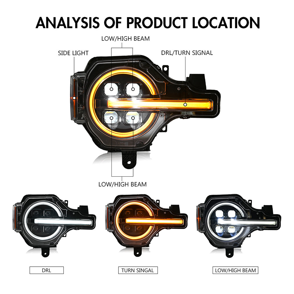 LED Headlights for 2021–2025 Ford Bronco 2/4-Door w/ Sequential Turn Signal & Start-Up DRL