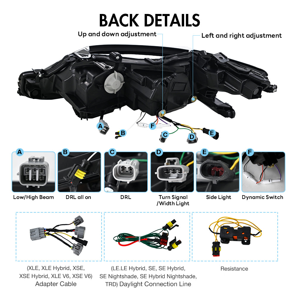 2018-2024 Toyota Camry LE/SE/XLE/XSE/TRD LED Headlights Assembly, Audi Style with Sequence Animation