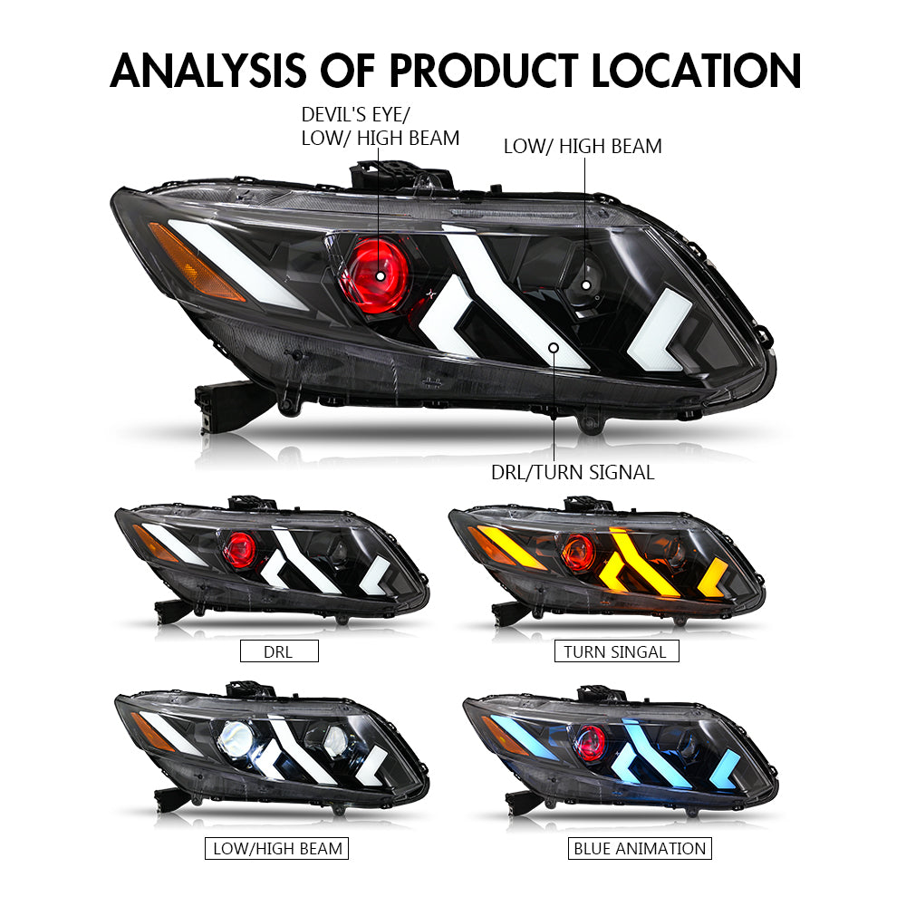 LED Headlight Assembly for 2012-2015 Honda Civic Sedan 4-Door & 2012-2013 Civic Coupe 2-Door, Plug & Play, Devil Eye, Easy Installation
