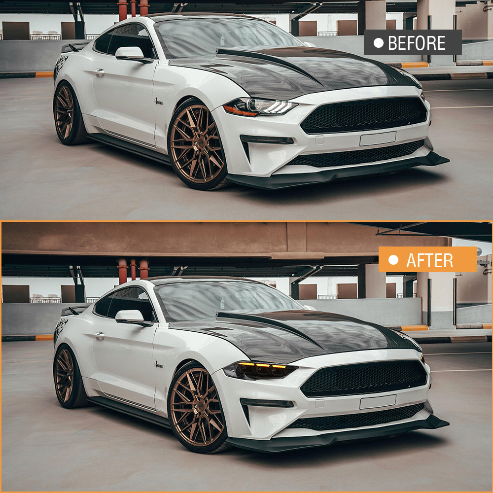 LED Headlight for 2018-2023 Ford Mustang S550, Carbon Fiber Style, Projector Front Lamp Assembly with Triple Beam Lens
