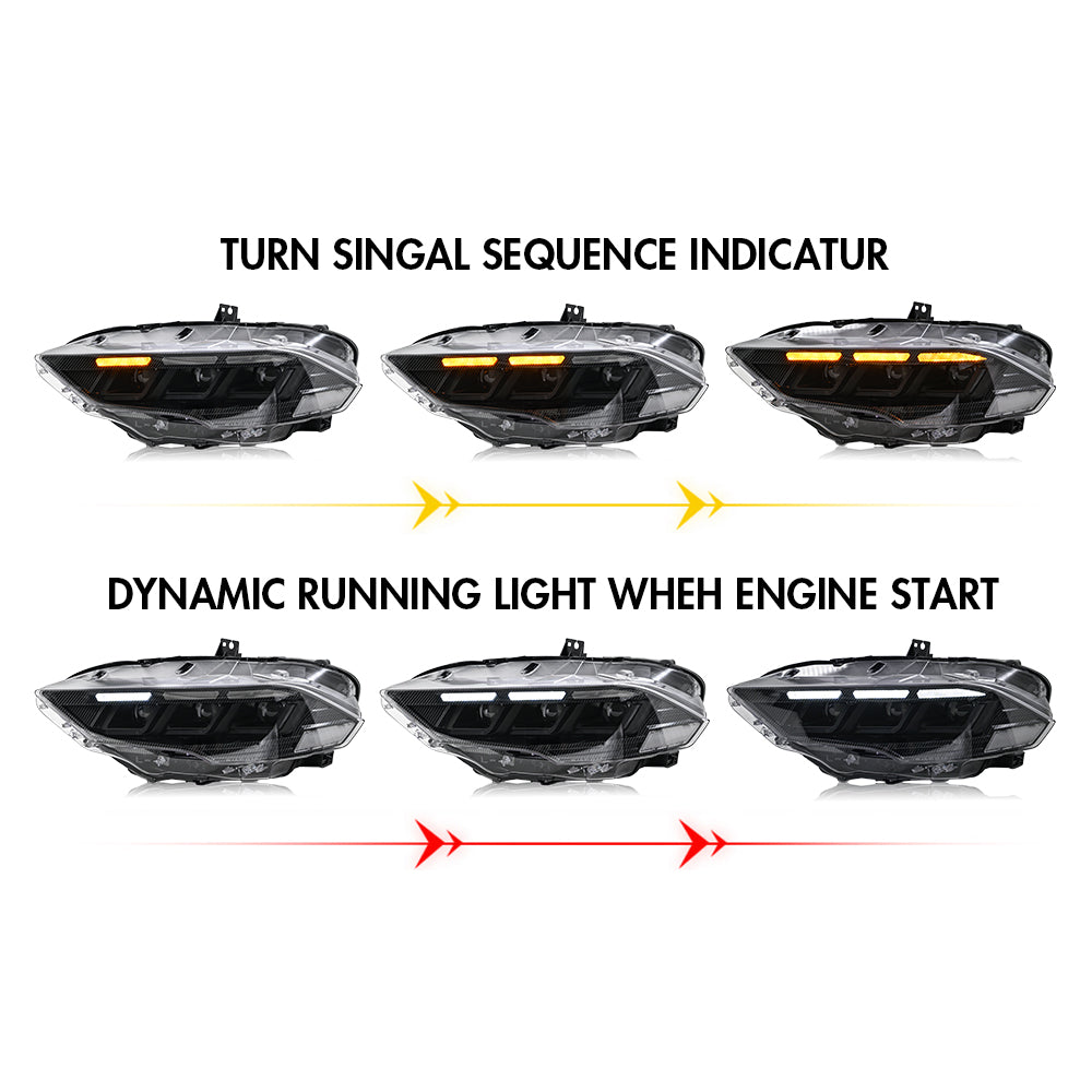 LED Headlight for 2018-2023 Ford Mustang S550, Carbon Fiber Style, Projector Front Lamp Assembly with Triple Beam Lens