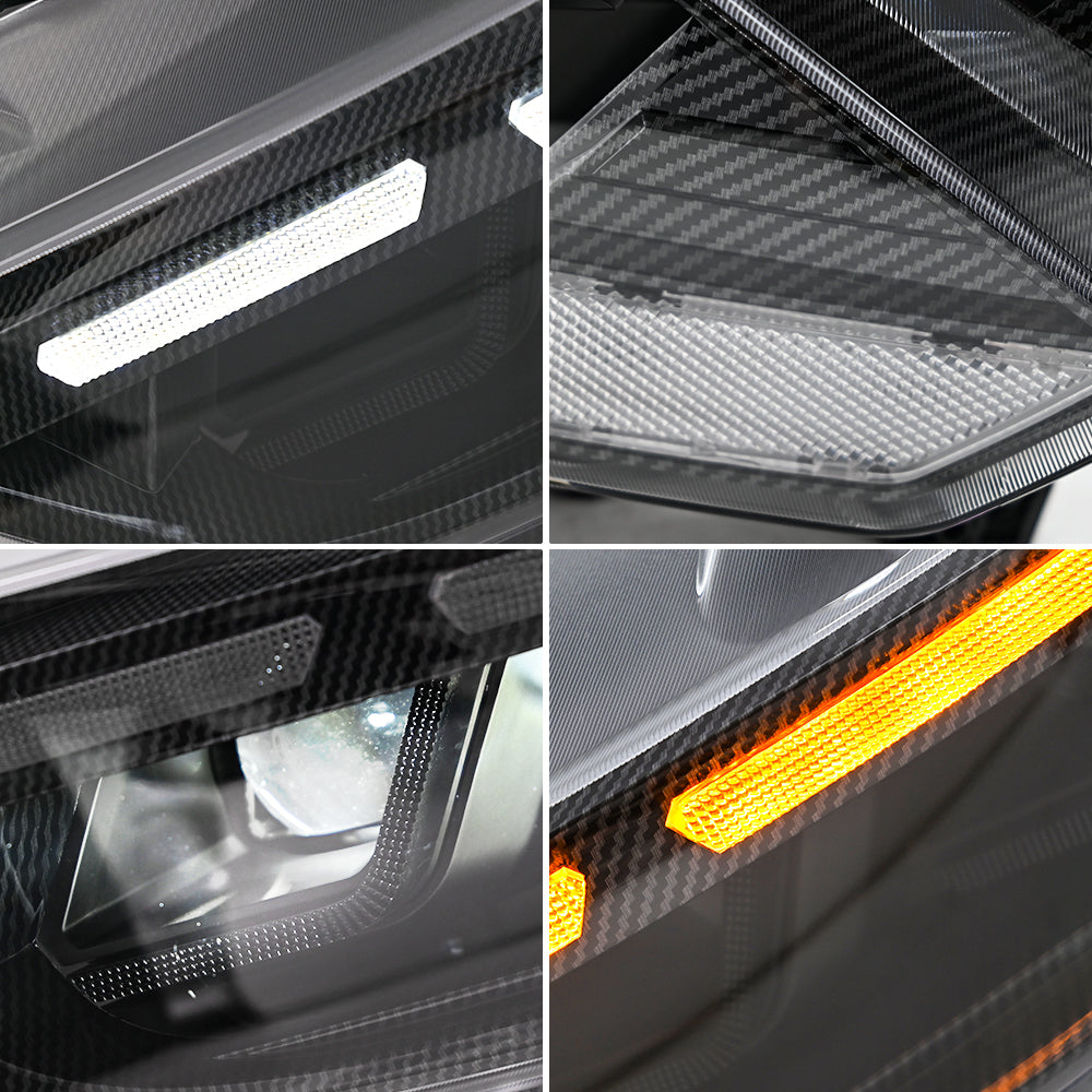 LED Headlight for 2018-2023 Ford Mustang S550, Carbon Fiber Style, Projector Front Lamp Assembly with Triple Beam Lens