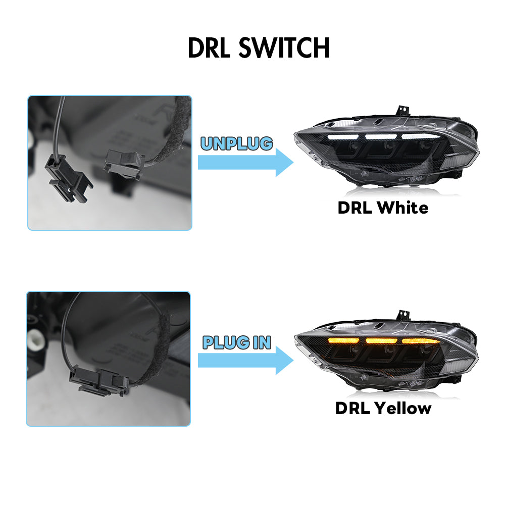 LED Headlight for 2018-2023 Ford Mustang S550, Carbon Fiber Style, Projector Front Lamp Assembly with Triple Beam Lens