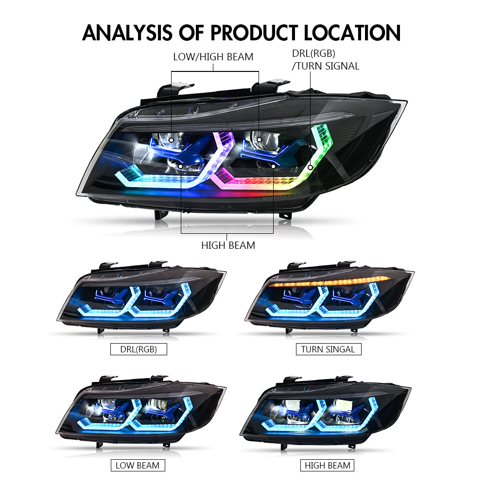 2009-2012 BMW 3-Series E90 E91 RGB LED Headlights, 320i 323i 325 330 335, (Halogen/Xenon)