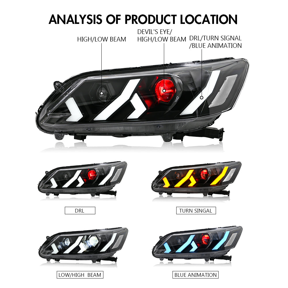 LED Headlight for 2013-2015 Accord 4door (Include Hybrid/LX/Touring Models),Easy Installation, Plug and Play with Devil Eye - Kuerled