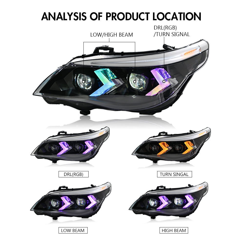 BMW 5-Series (2004-2010 E60/E61) RGB LED Headlight Assembly, Premium Projector Upgrade, Plug and Play