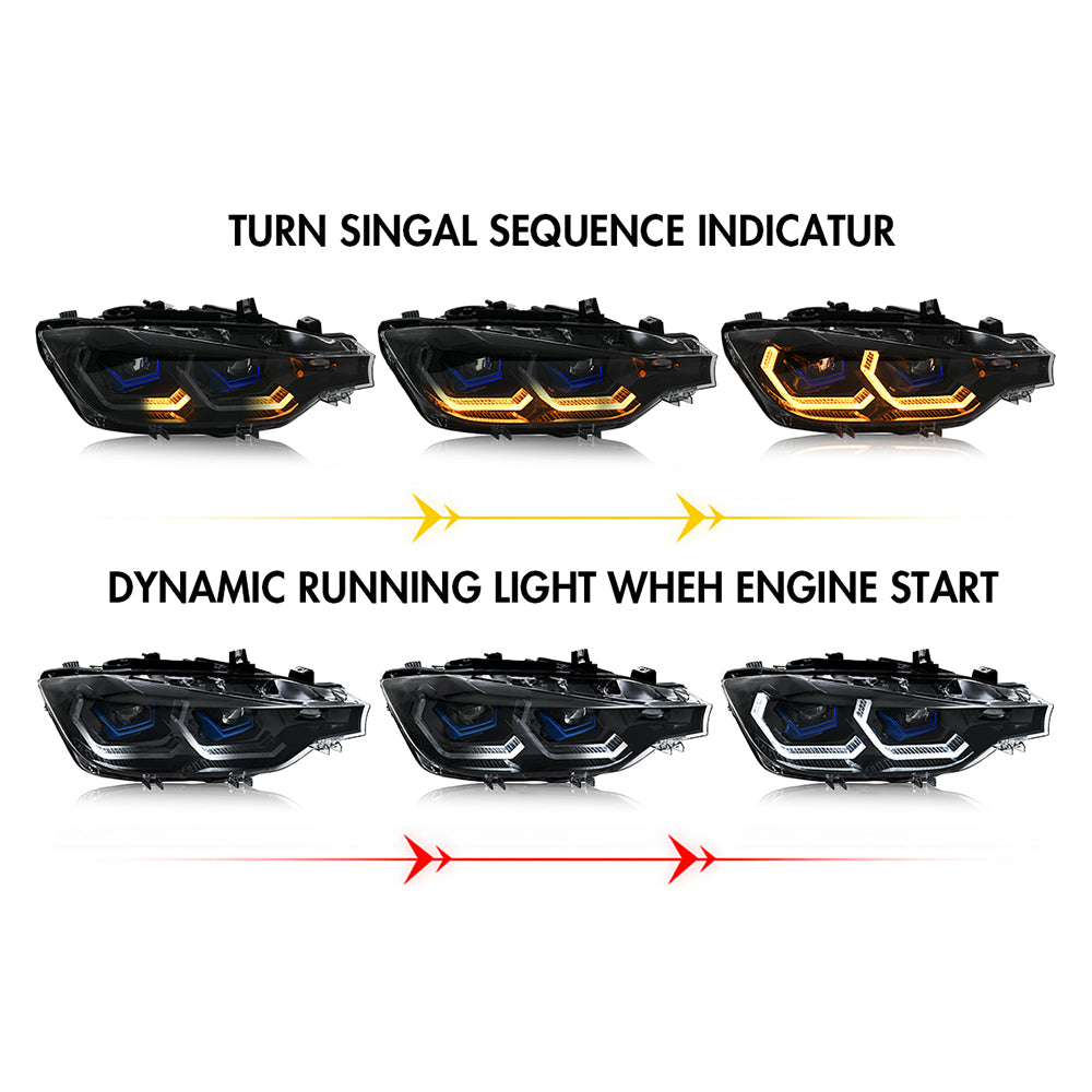 BMW 3-Series (2013-2018 F30/F31 328i/335i) LED Headlight Assembly, Dual-Color-DRL, Premium Projector Upgrade - Kuerled