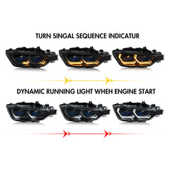 BMW 3-Series (2013-2018 F30/F31 328i/335i) LED Headlight Assembly, Dual-Color-DRL, Premium Projector Upgrade - Kuerled