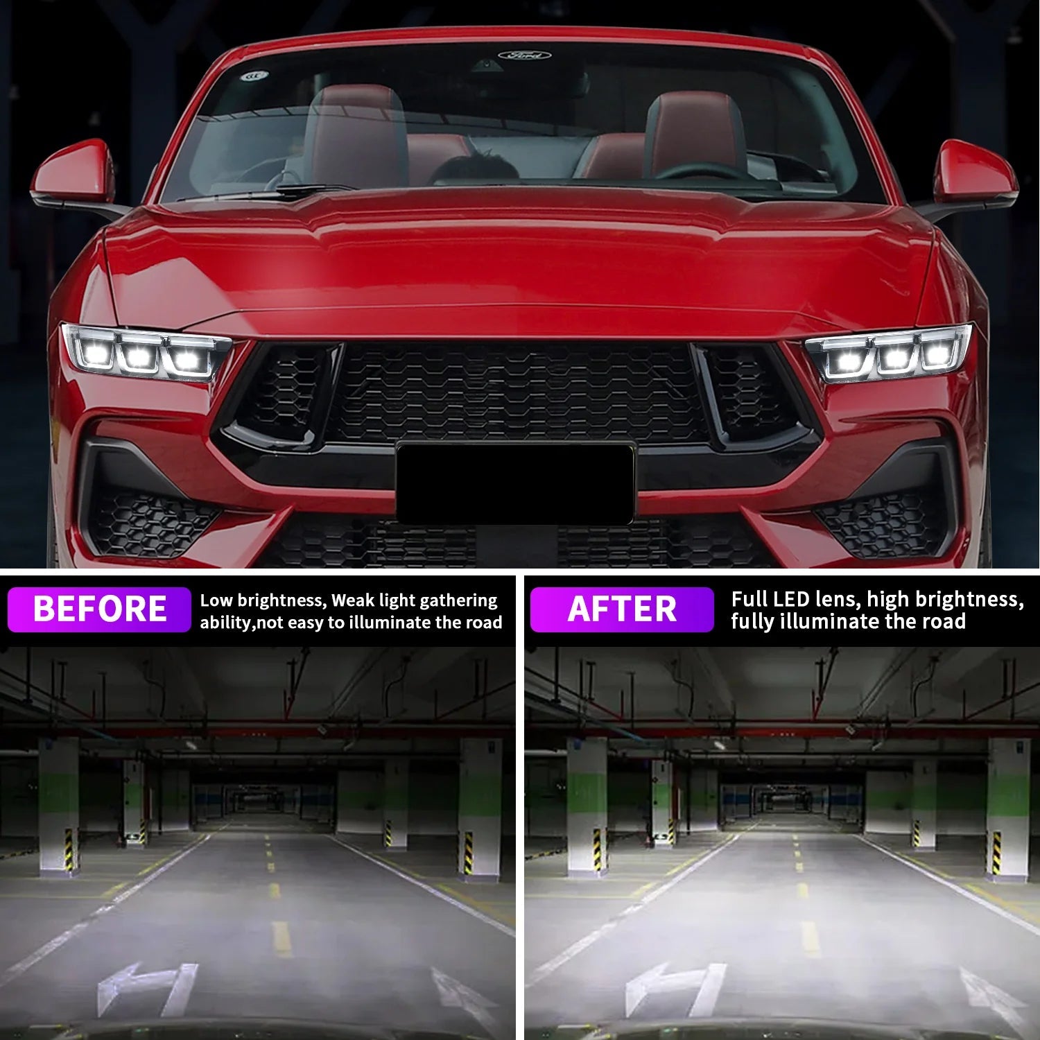 LED Headlight with Premium Triple-Projector for 2024-2025 Ford Mustang EcoBoost/GT, Plug & Play Upgrade