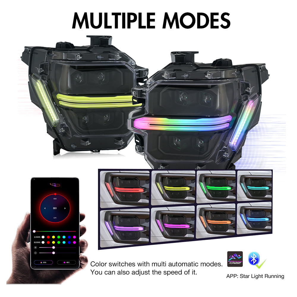 Full LED Headlights for 2024-2025 Ford F-150 XL / STX / XLT / Tremor | Quad Projector, RGB DRL, Startup Animation, Sequential Turn Signals, Plug & Play - Kuerled