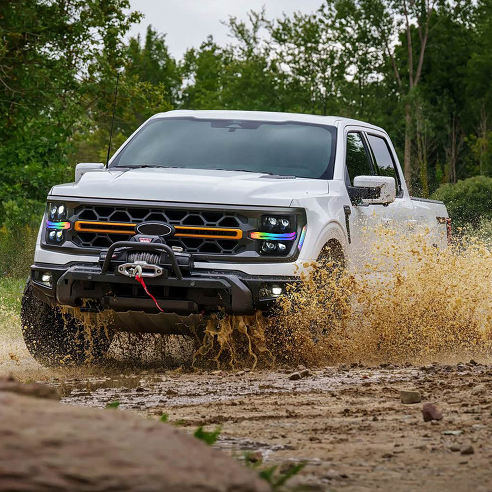 Full LED Headlights for 2024-2025 Ford F-150 XL / STX / XLT / Tremor | Quad Projector, RGB DRL, Startup Animation, Sequential Turn Signals, Plug & Play - Kuerled