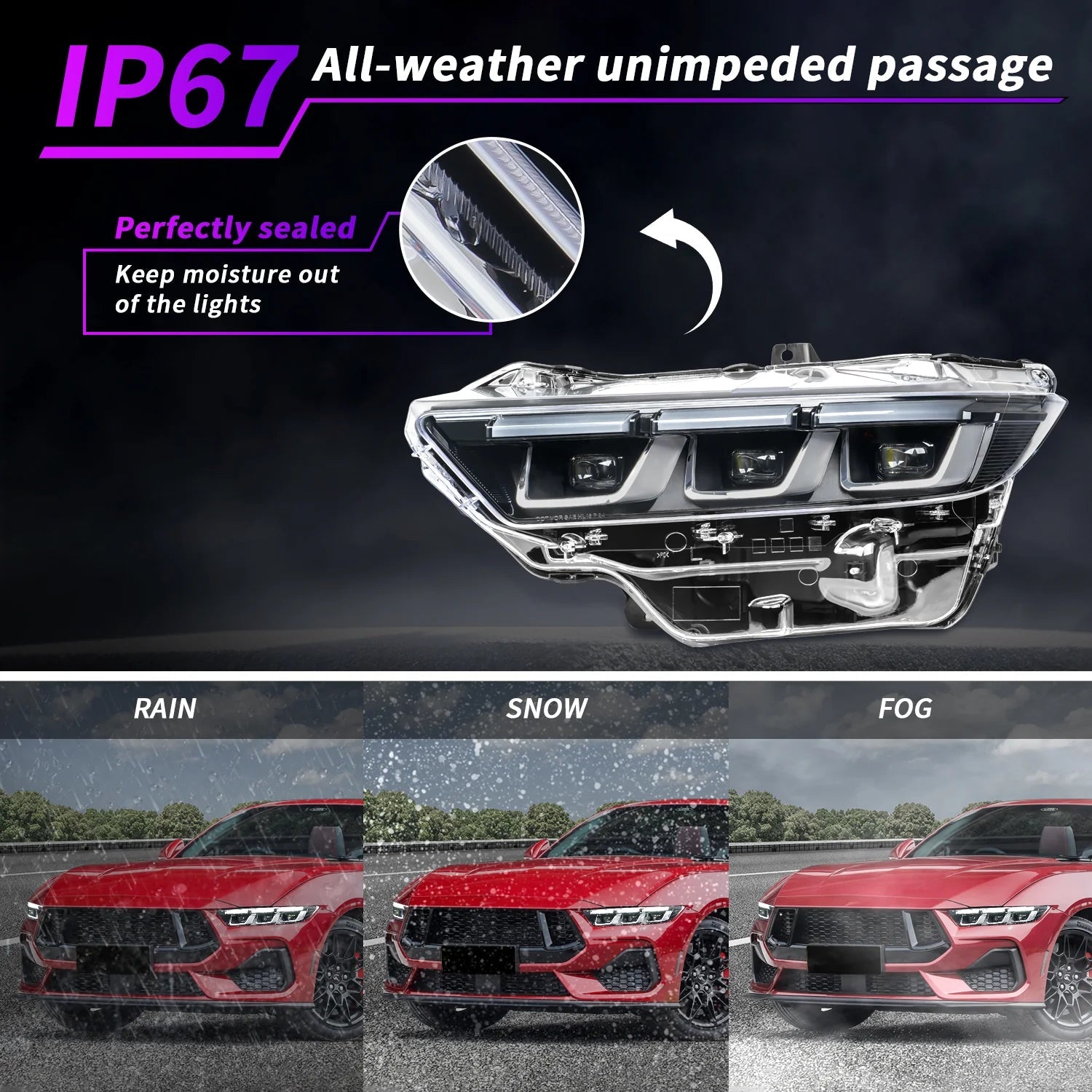 LED Headlight with Premium Triple-Projector for 2024-2025 Ford Mustang EcoBoost/GT, Plug & Play Upgrade
