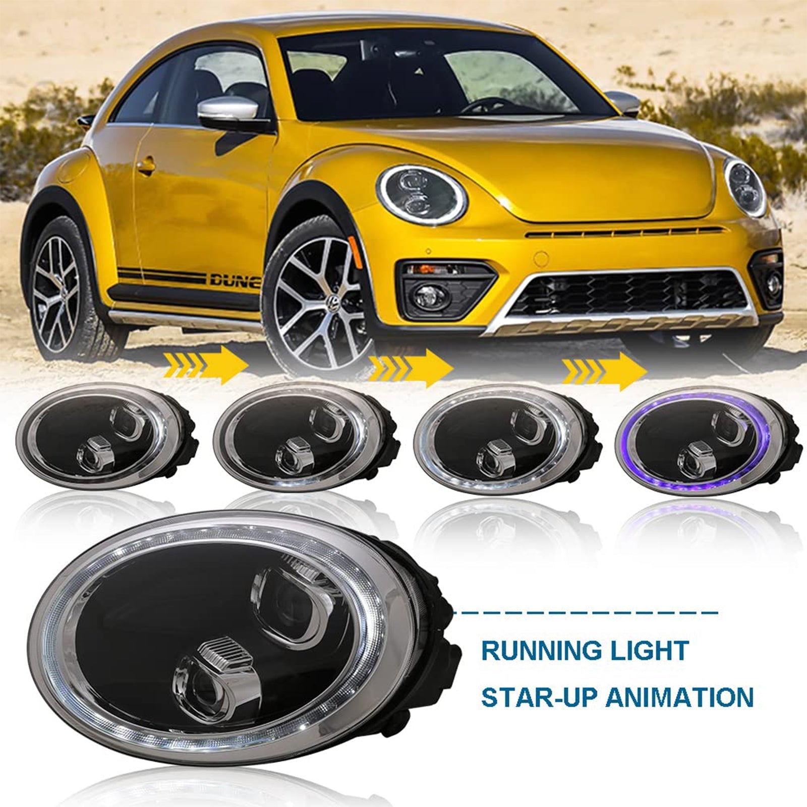 KuerLED LED Headlight for 2012-2019 Volkswagen VW Beetle Start-up Animation Sequential Indicator Front Lamps Assembly - KuerLED