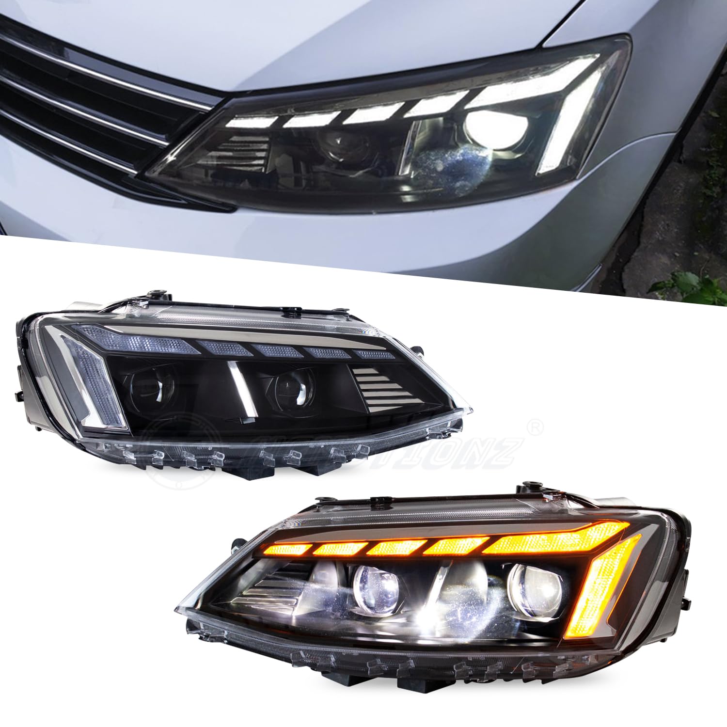 KuerLED LED Headlight Assembly for 2012-2018 VW Volkswagen Jetta MK6 With Startup Animation Sequential Turn Signal - KuerLED