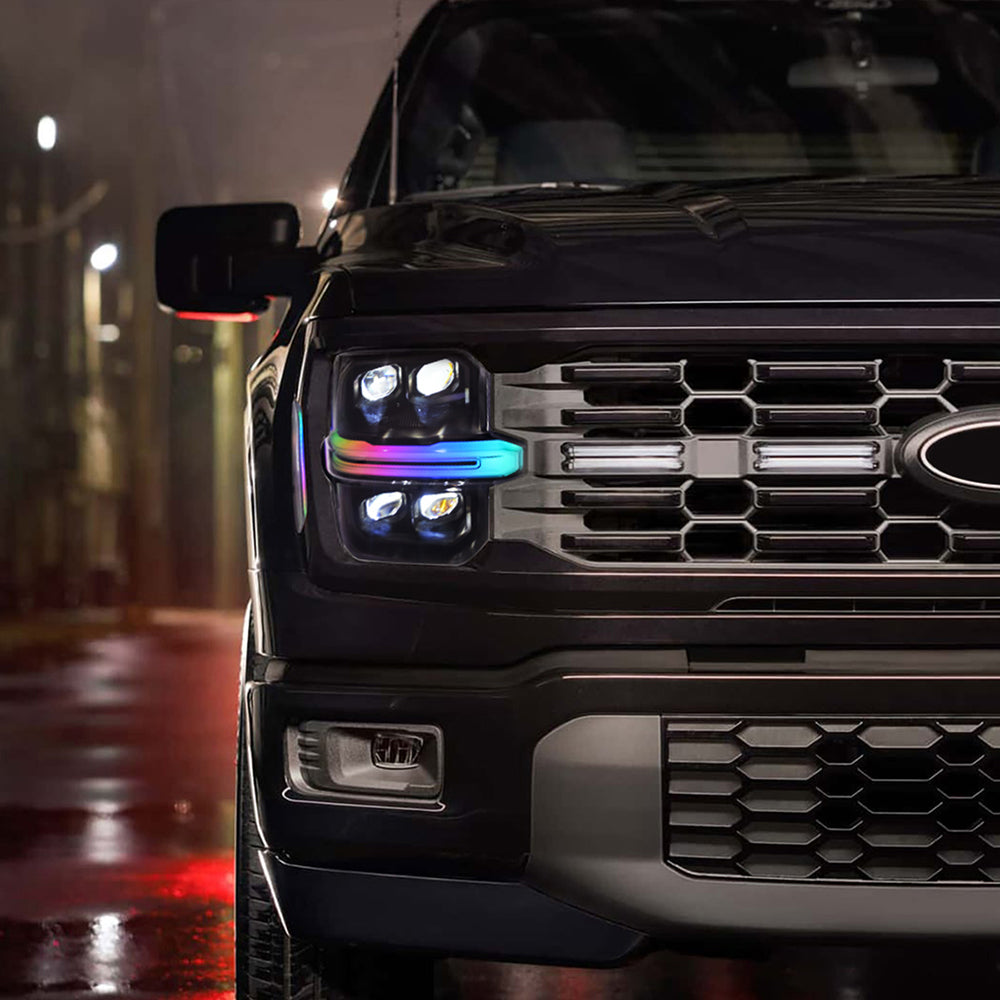Full LED Headlights for 2024-2025 Ford F-150 XL / STX / XLT / Tremor | Quad Projector, RGB DRL, Startup Animation, Sequential Turn Signals, Plug & Play - Kuerled