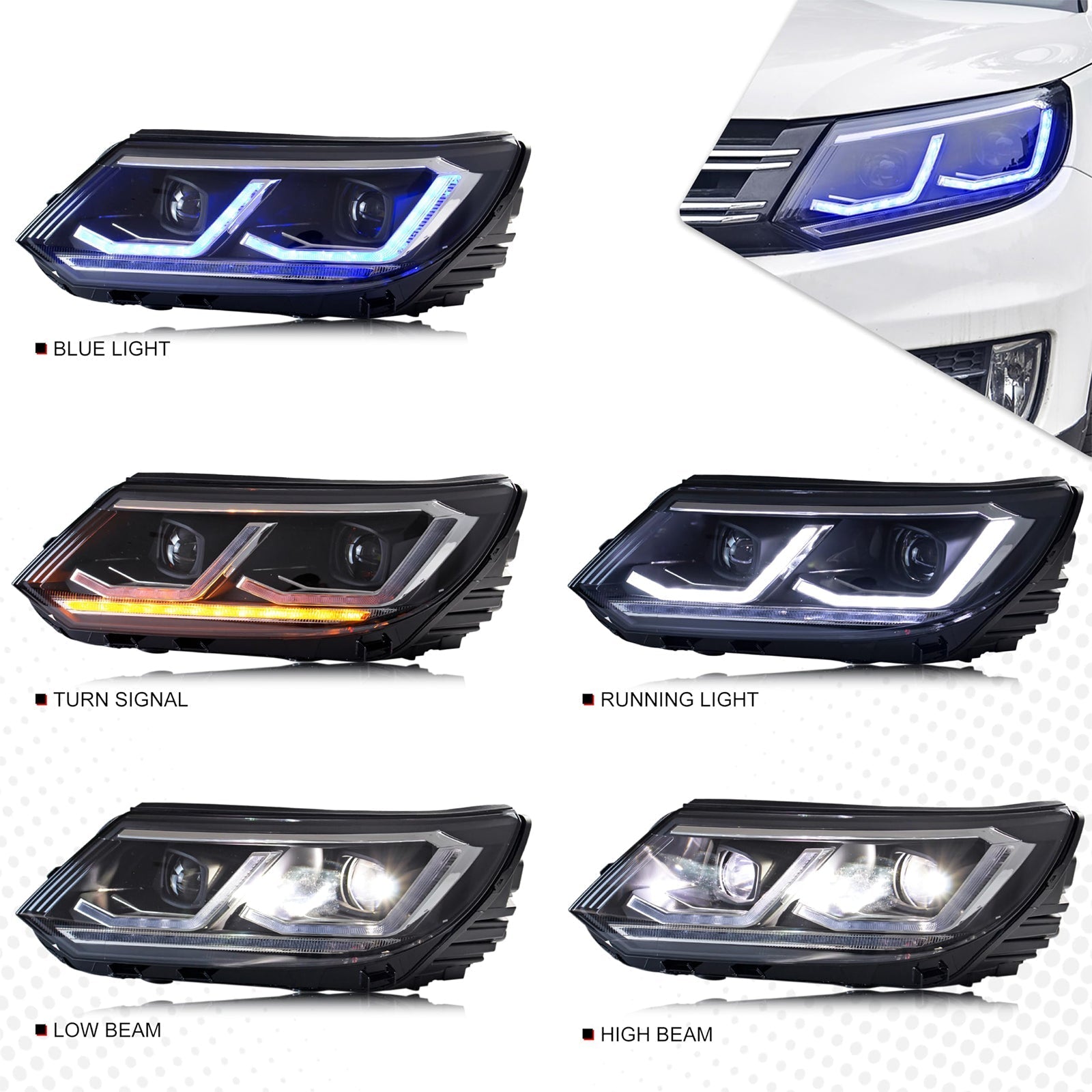 KuerLED LED Headlight for 2013-2017 Volkswagen Tiguan Start Animation Sequence Signal Accessory HeadLamp Assembly - KuerLED