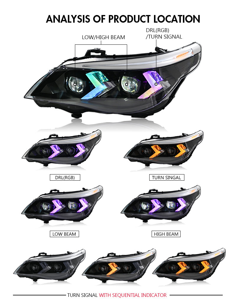 BMW 5-Series (2004-2010 E60/E61) RGB LED Headlight Assembly, Premium P ...